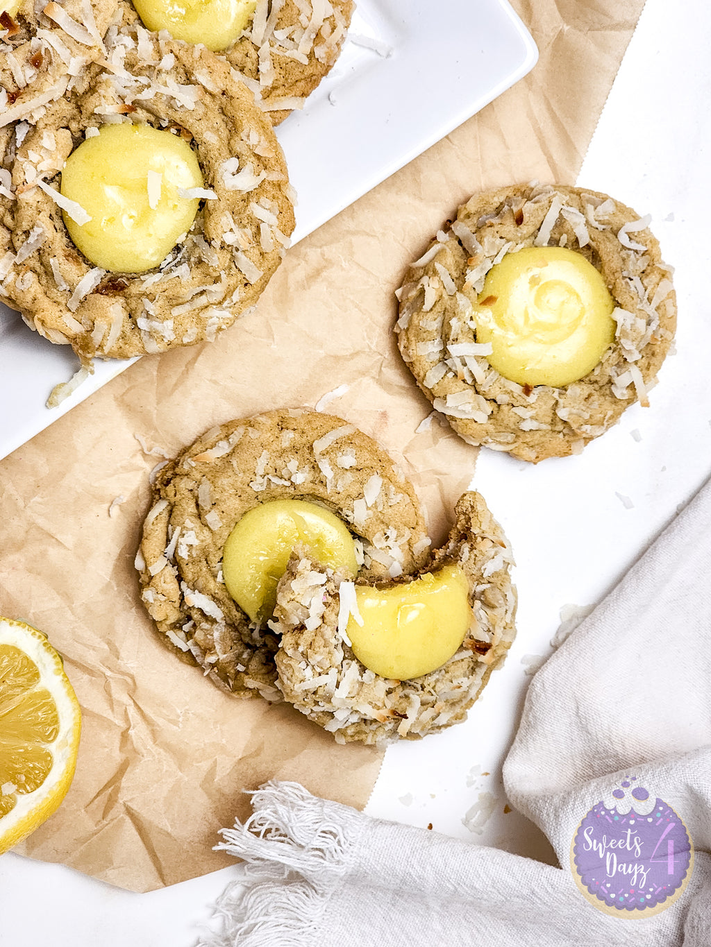 Coconut Lemon Curd Cookies on Gold Marble