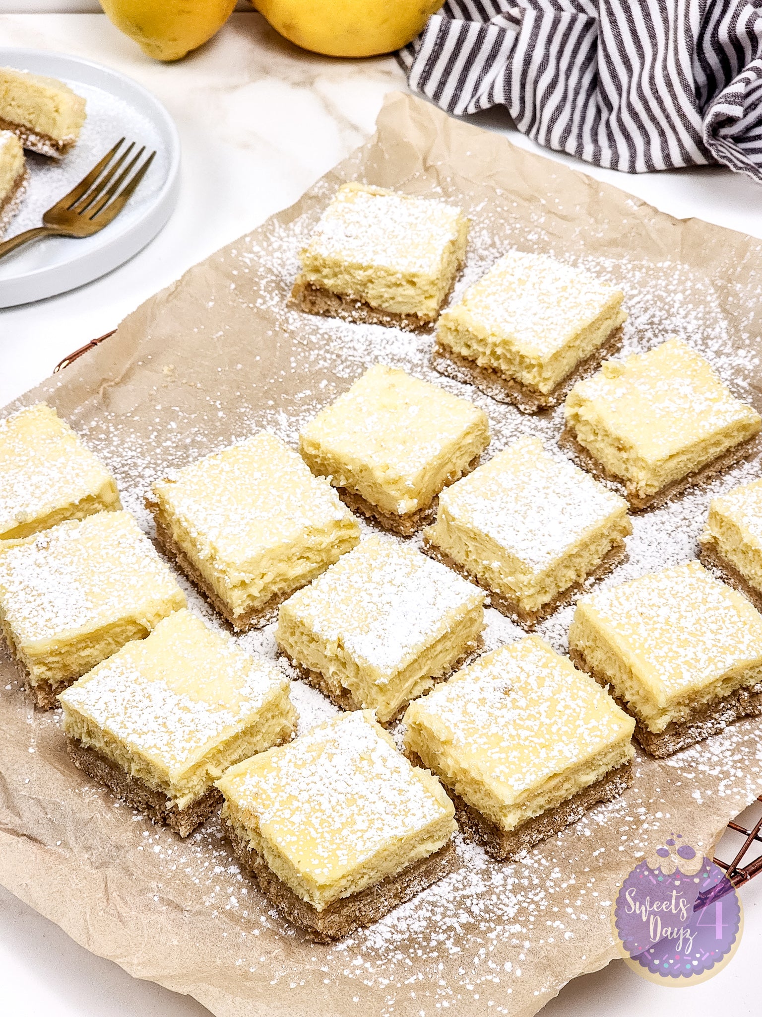 Lemon Cheesecake Bars on Gold Marble