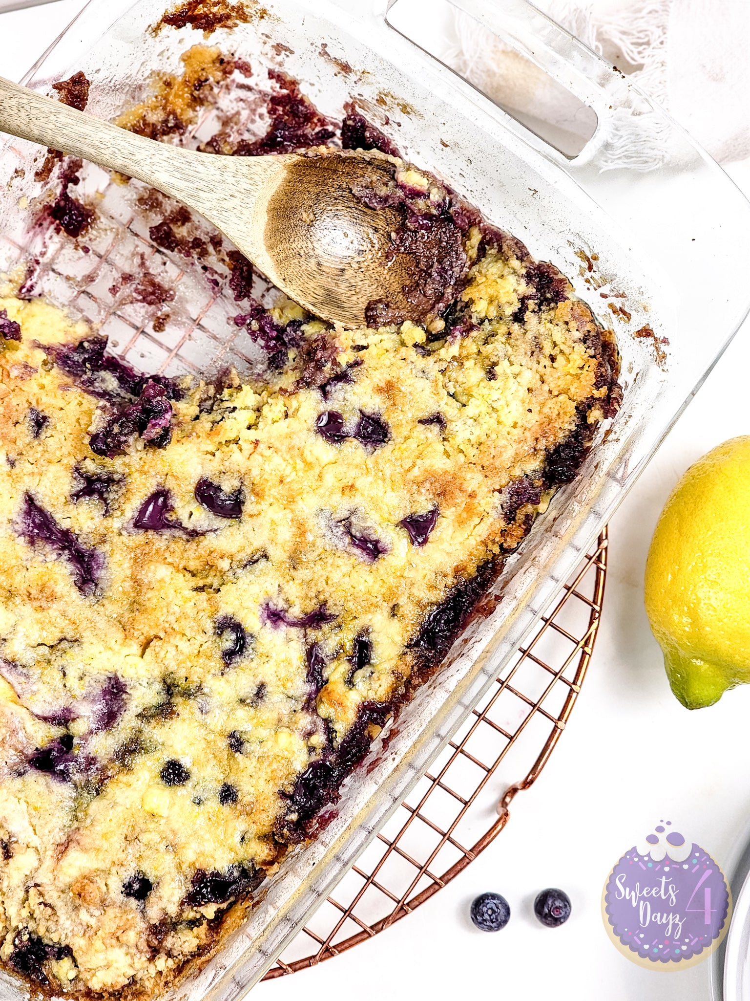 Lemon Blueberry Dump Cake on Gold Marble