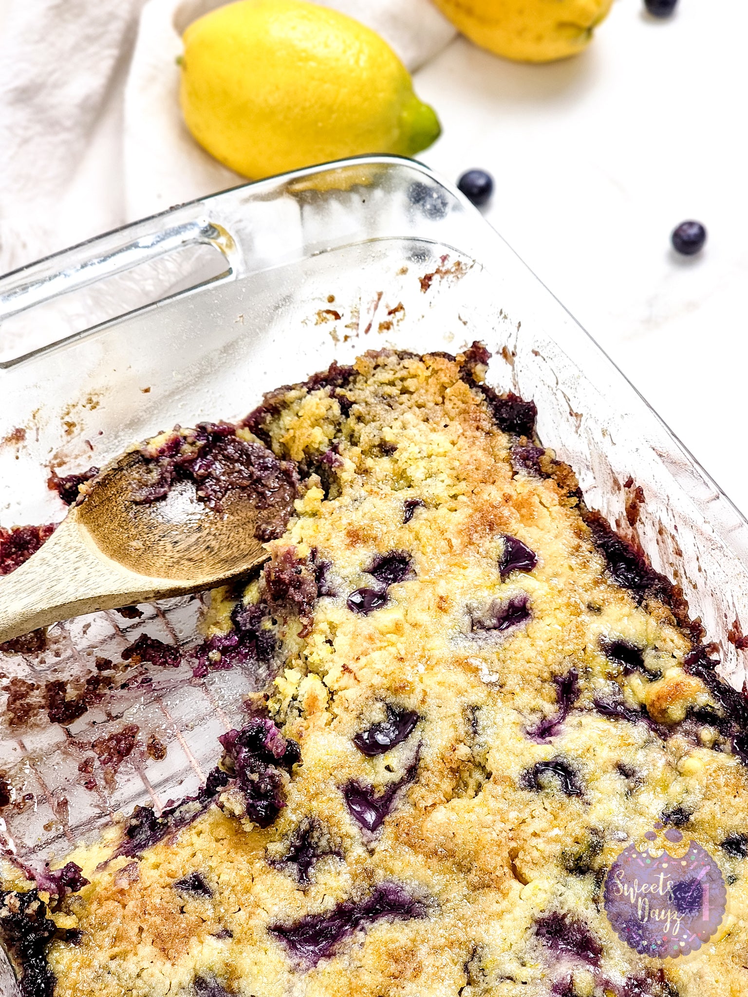 Lemon Blueberry Dump Cake on Gold Marble