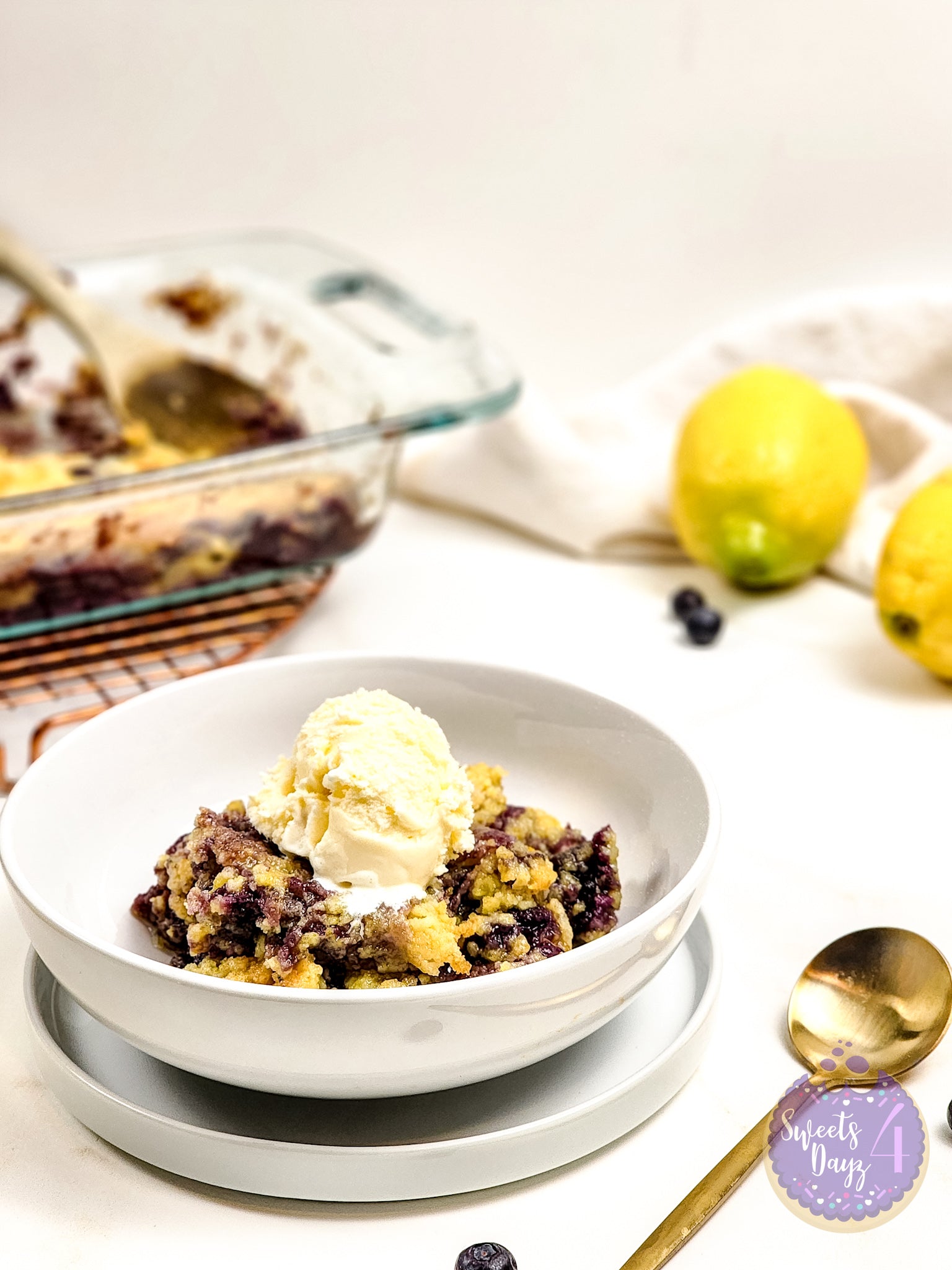Lemon Blueberry Dump Cake on Gold Marble