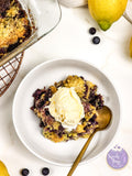 Lemon Blueberry Dump Cake on Gold Marble