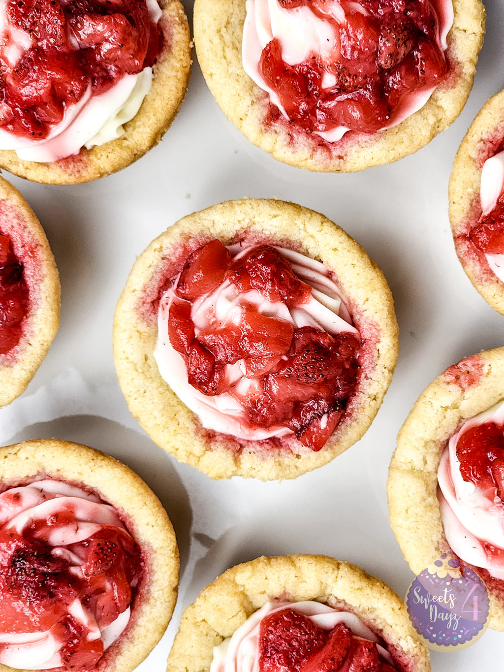 Strawberry Cheesecake Cookie Cups on Gold Marble