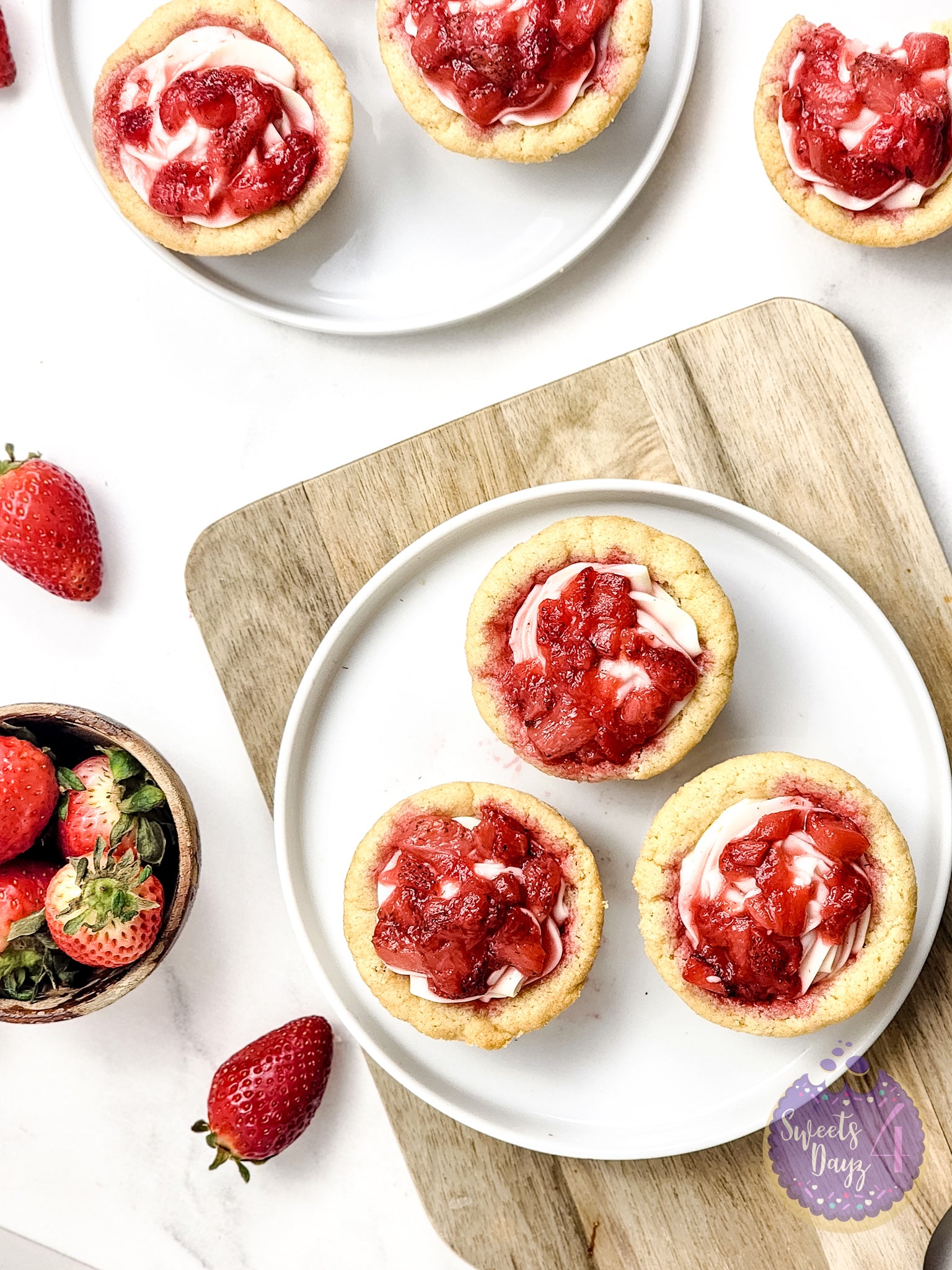 Strawberry Cheesecake Cookie Cups on Marble