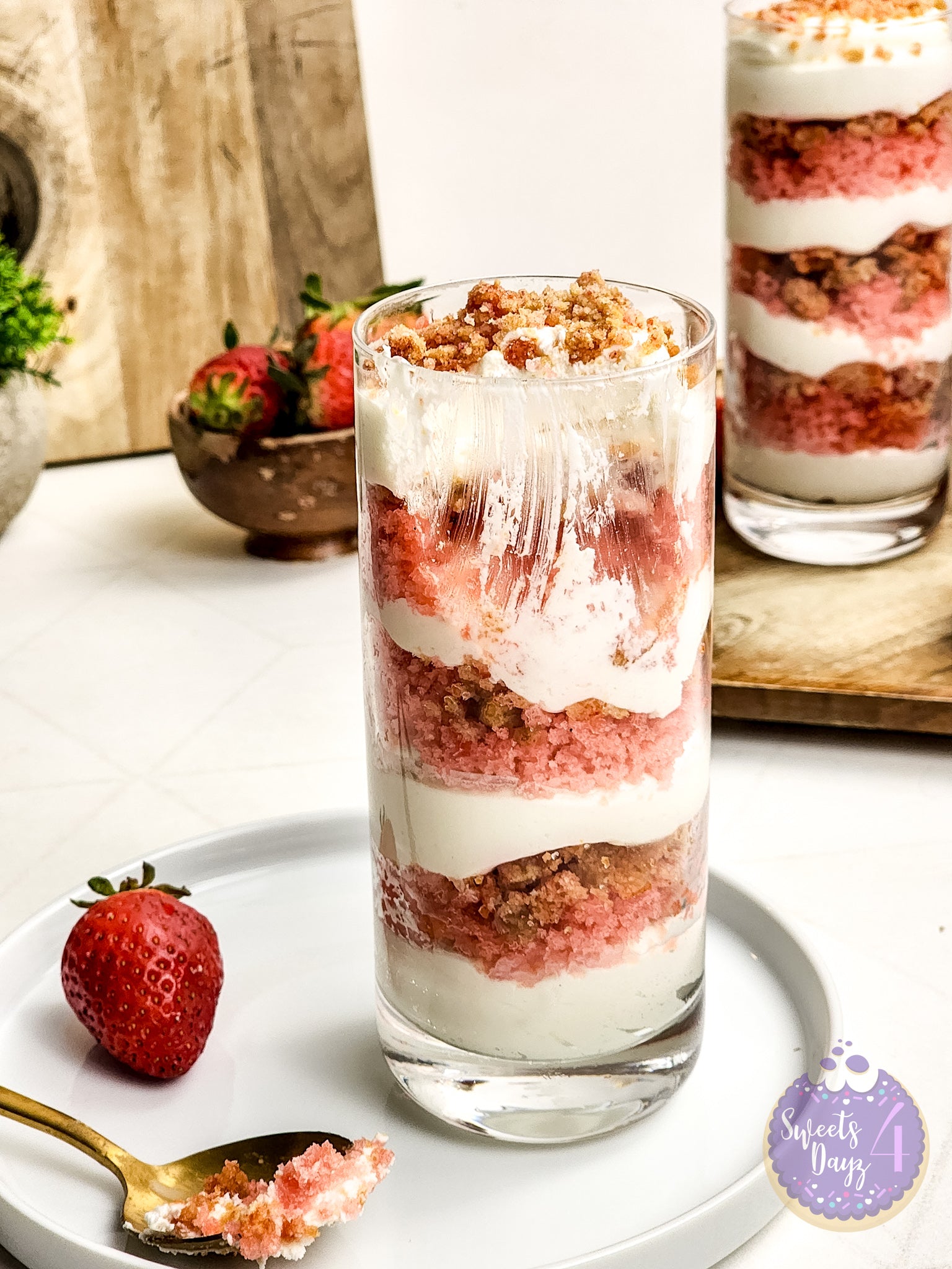Strawberry Crunch Parfait on Gold Marble