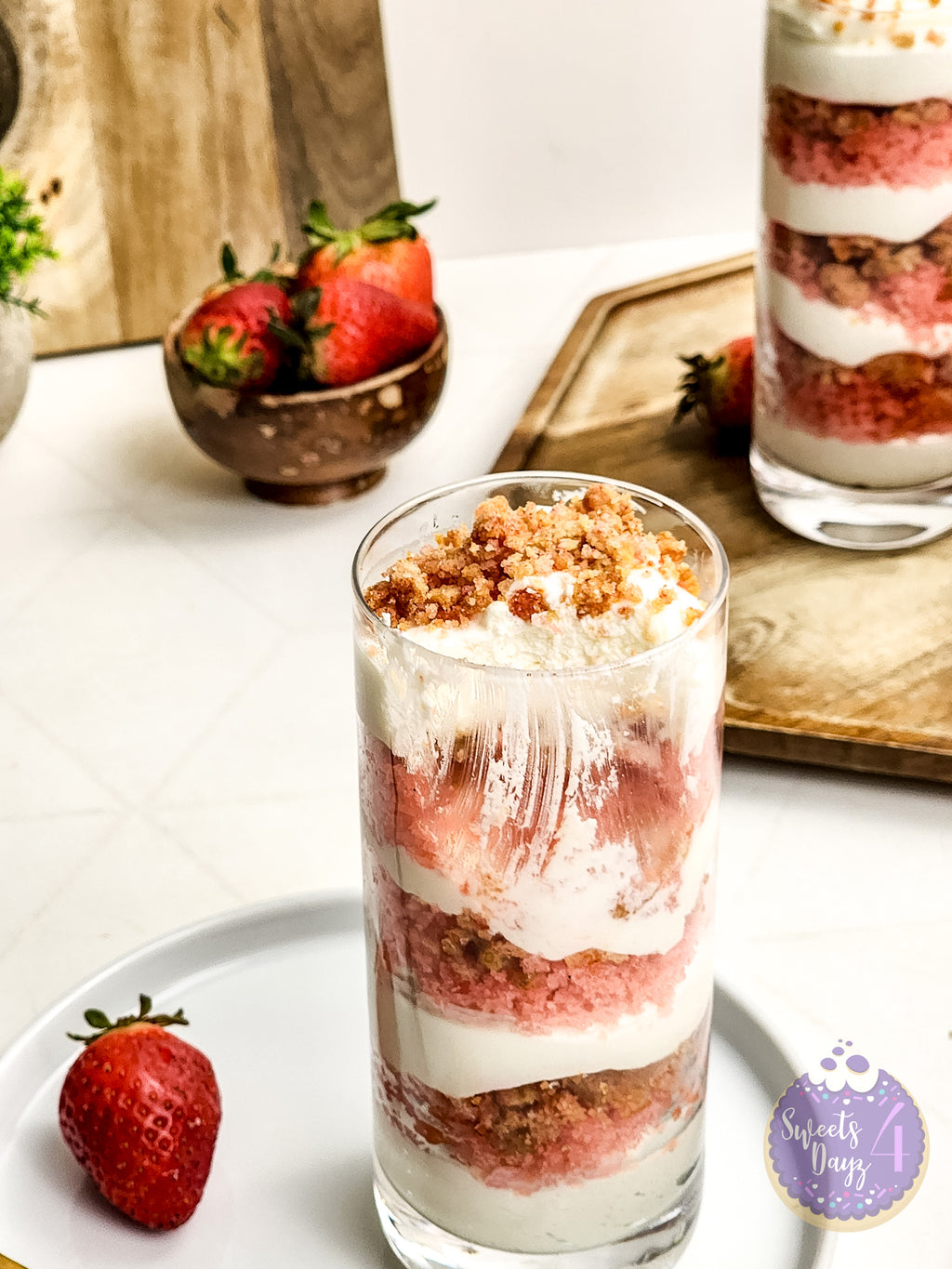 Strawberry Crunch Parfait on Gold Marble