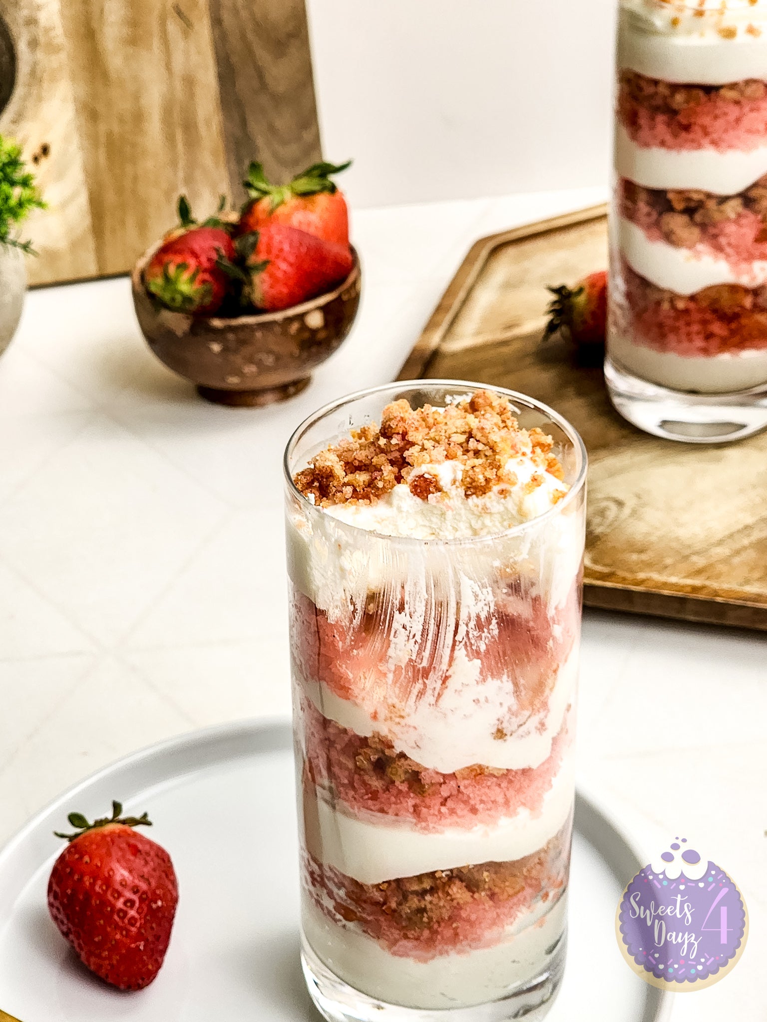 Strawberry Crunch Parfait on Gold Marble
