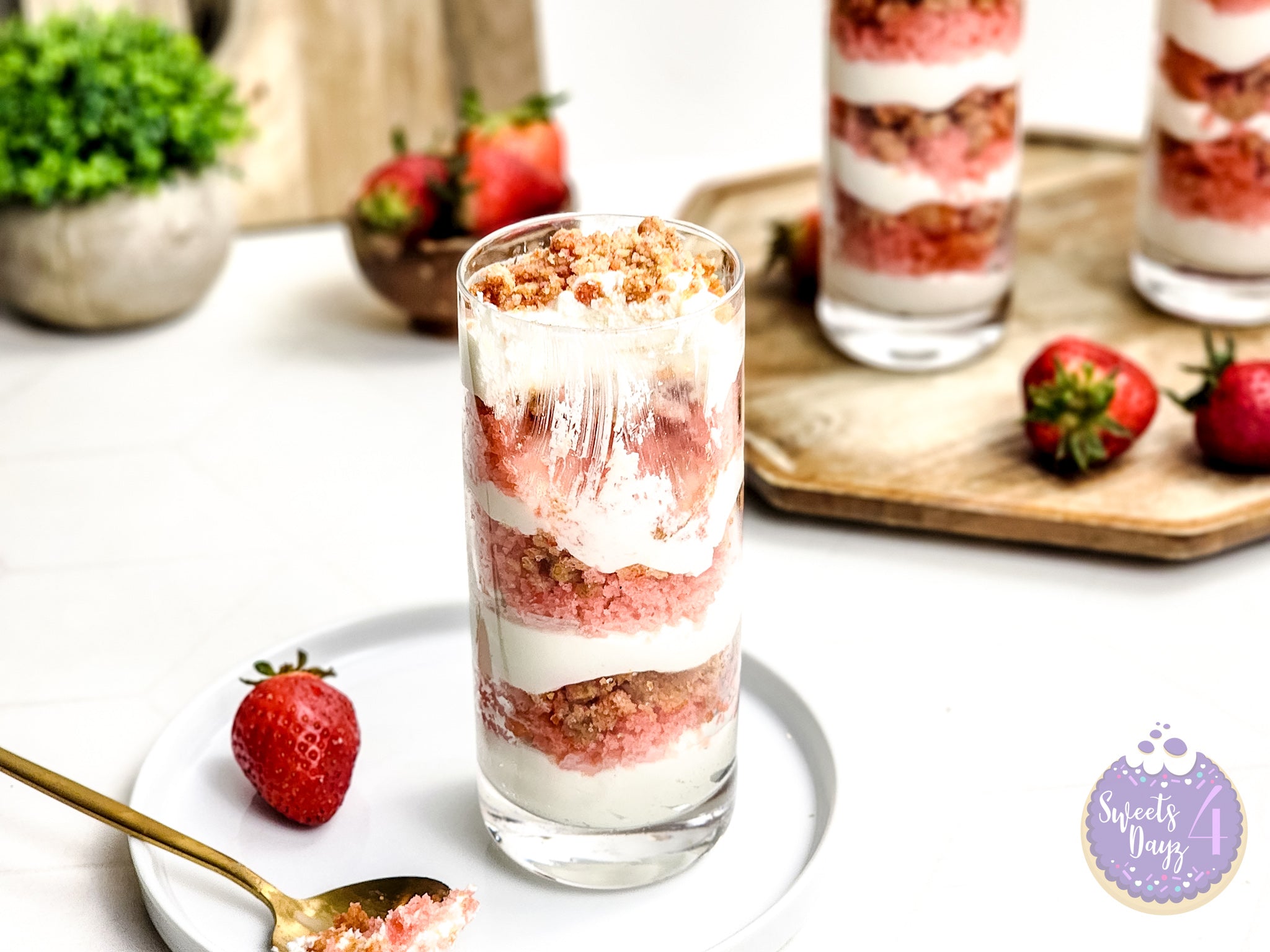 Strawberry Crunch Parfait on Gold Marble
