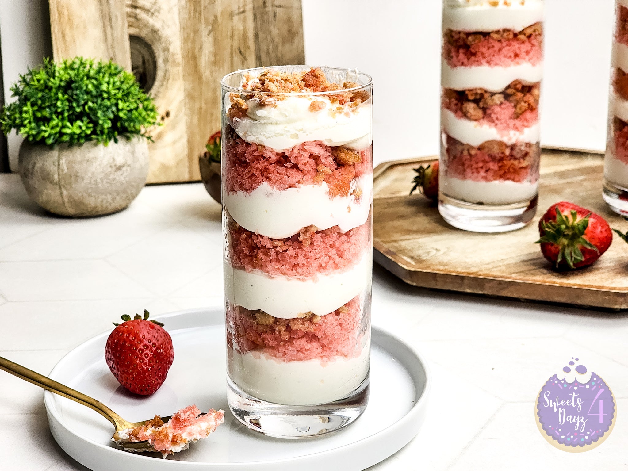 Strawberry Crunch Parfait on Gold Marble