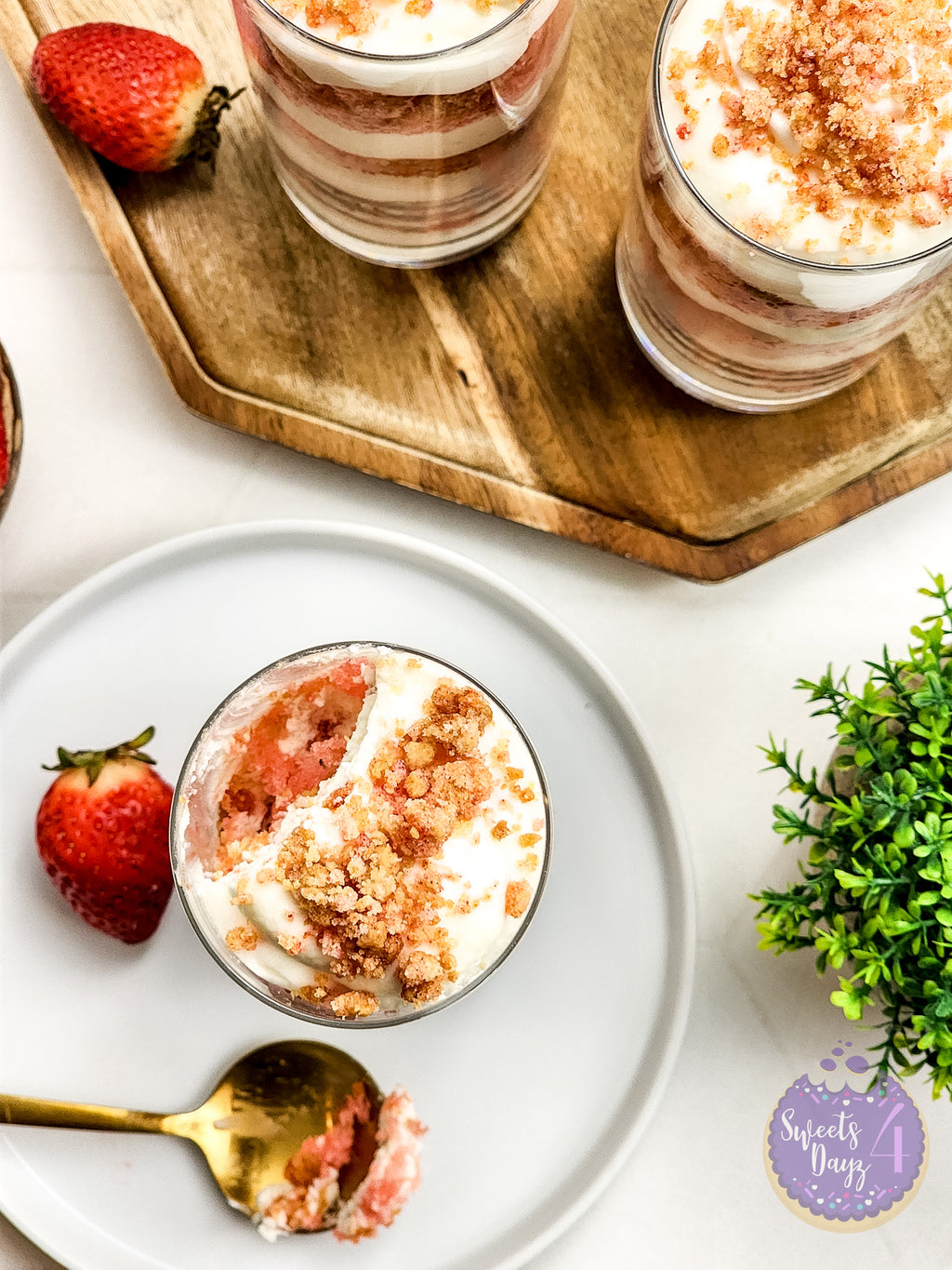 Strawberry Crunch Parfait on Gold Marble