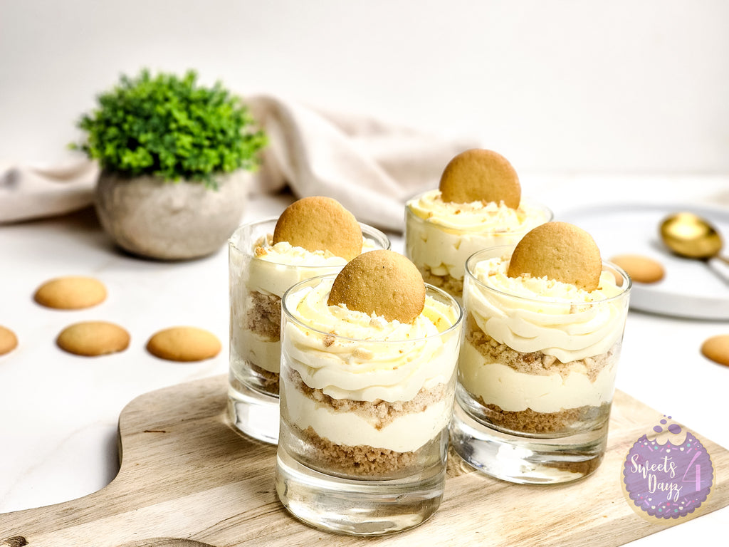 No Bake Vanilla Cheesecake Cups on Gold Marble
