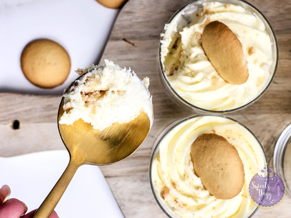 No Bake Vanilla Cheesecake Cups on Gold Marble