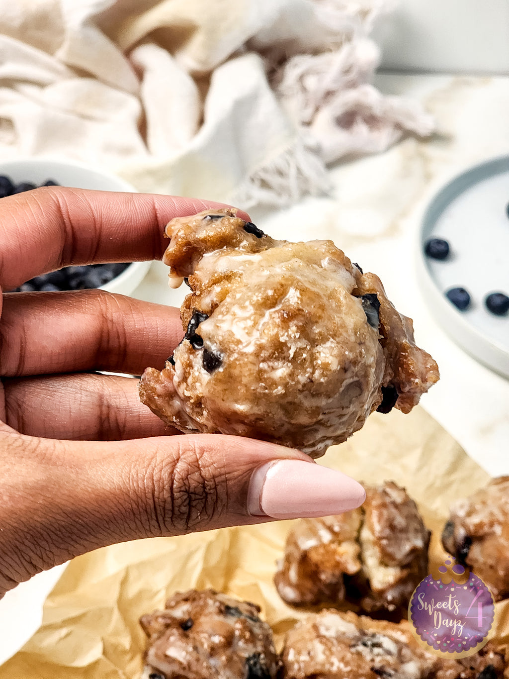 Blueberry Donut Holes on Gold Marble