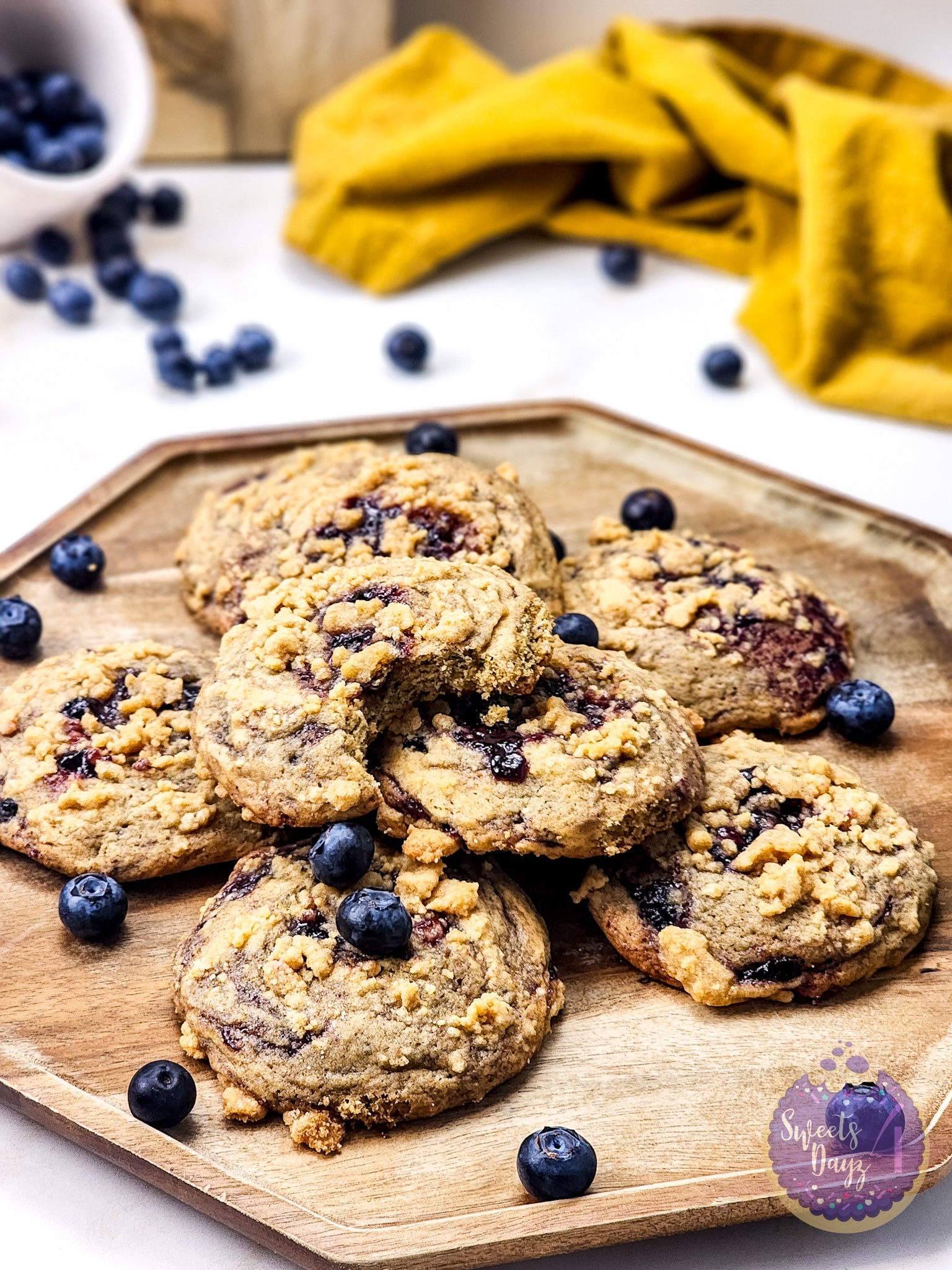 Blueberry Crumble Cookies on Gold Marble