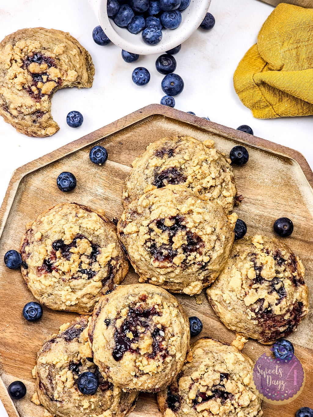 Blueberry Crumble Cookies on Gold Marble
